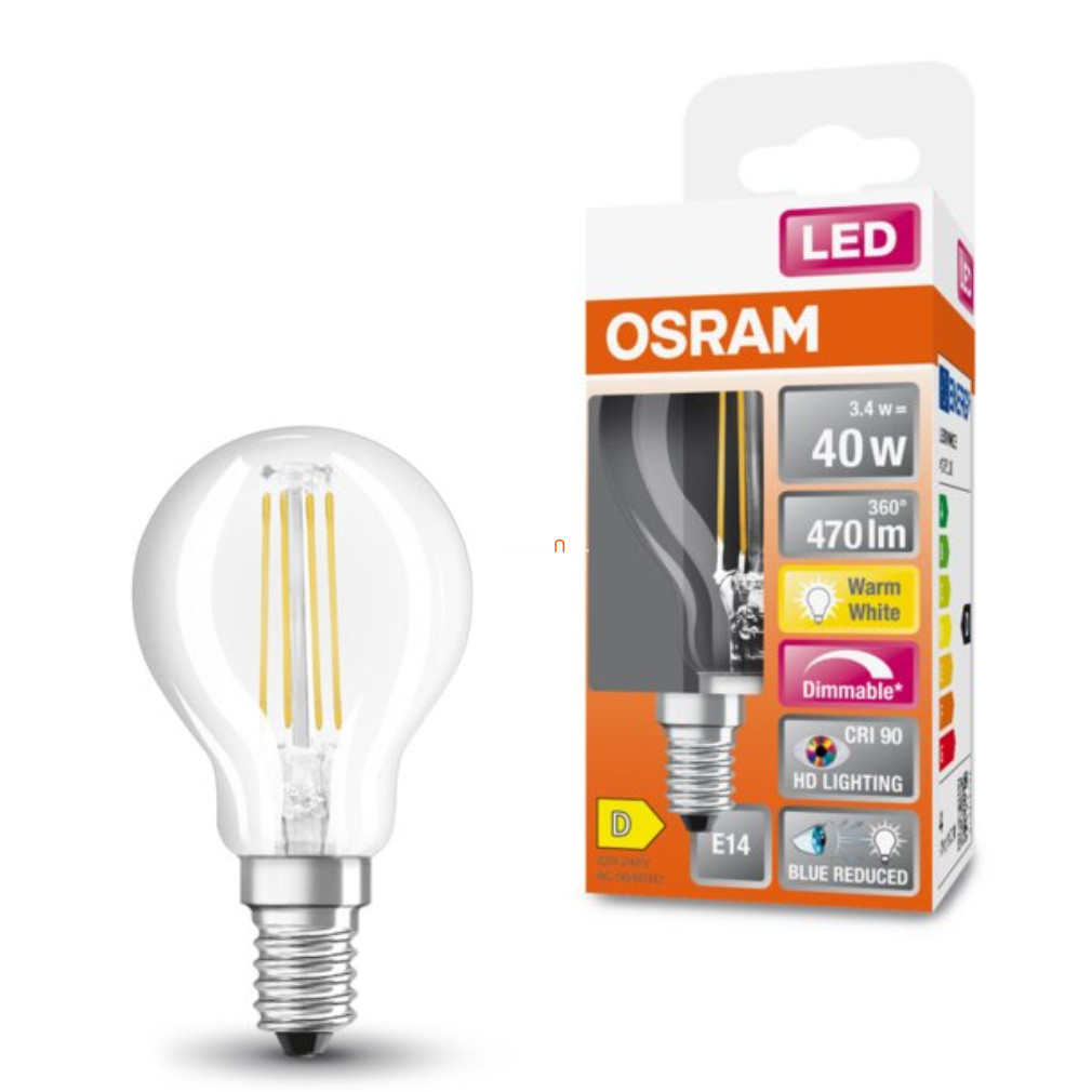 Osram E14 LED SStar+ kisgömb 3,4W 470lm 2700K melegfehér, szabályozható 300° - 40W izzó helyett