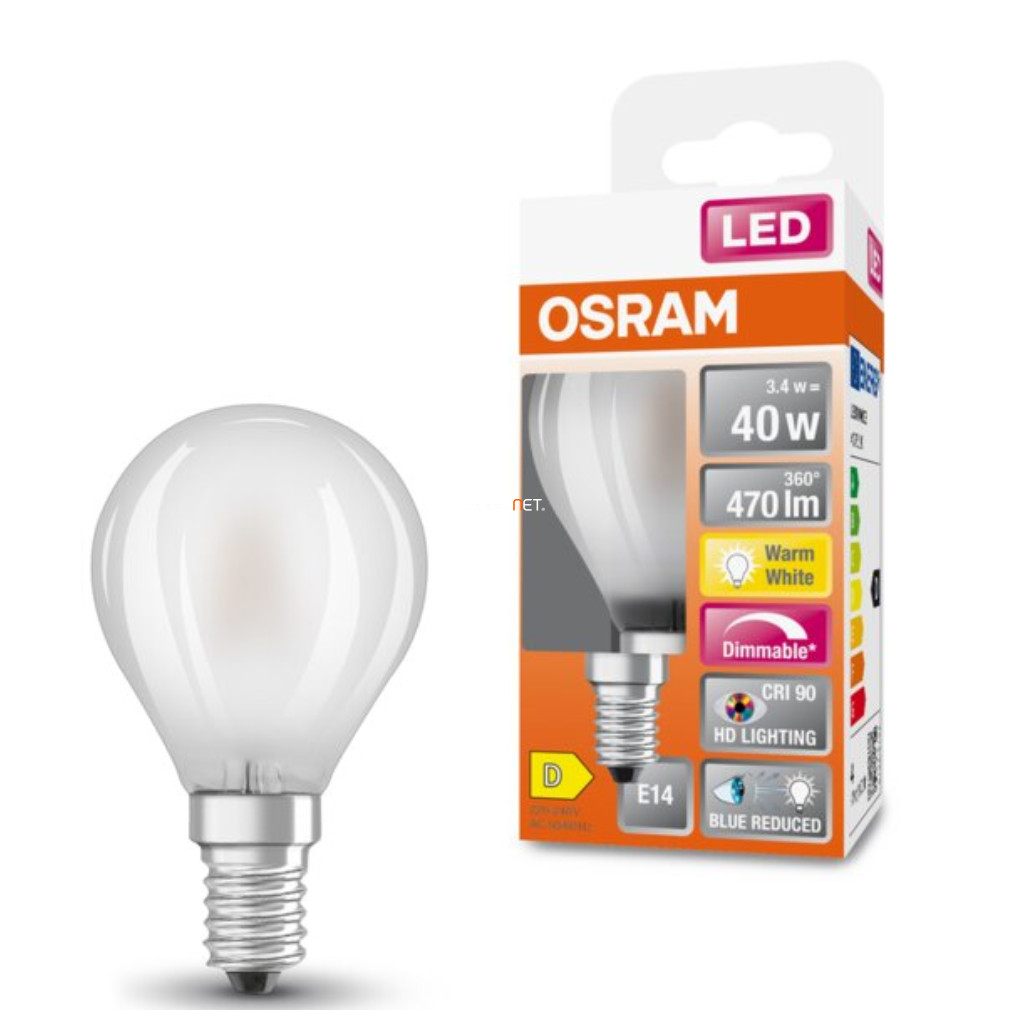 Osram E14 LED SStar+ kisgömb 3,4W 470lm 2700K melegfehér, szabályozható 300° opál - 40W izzó helyett