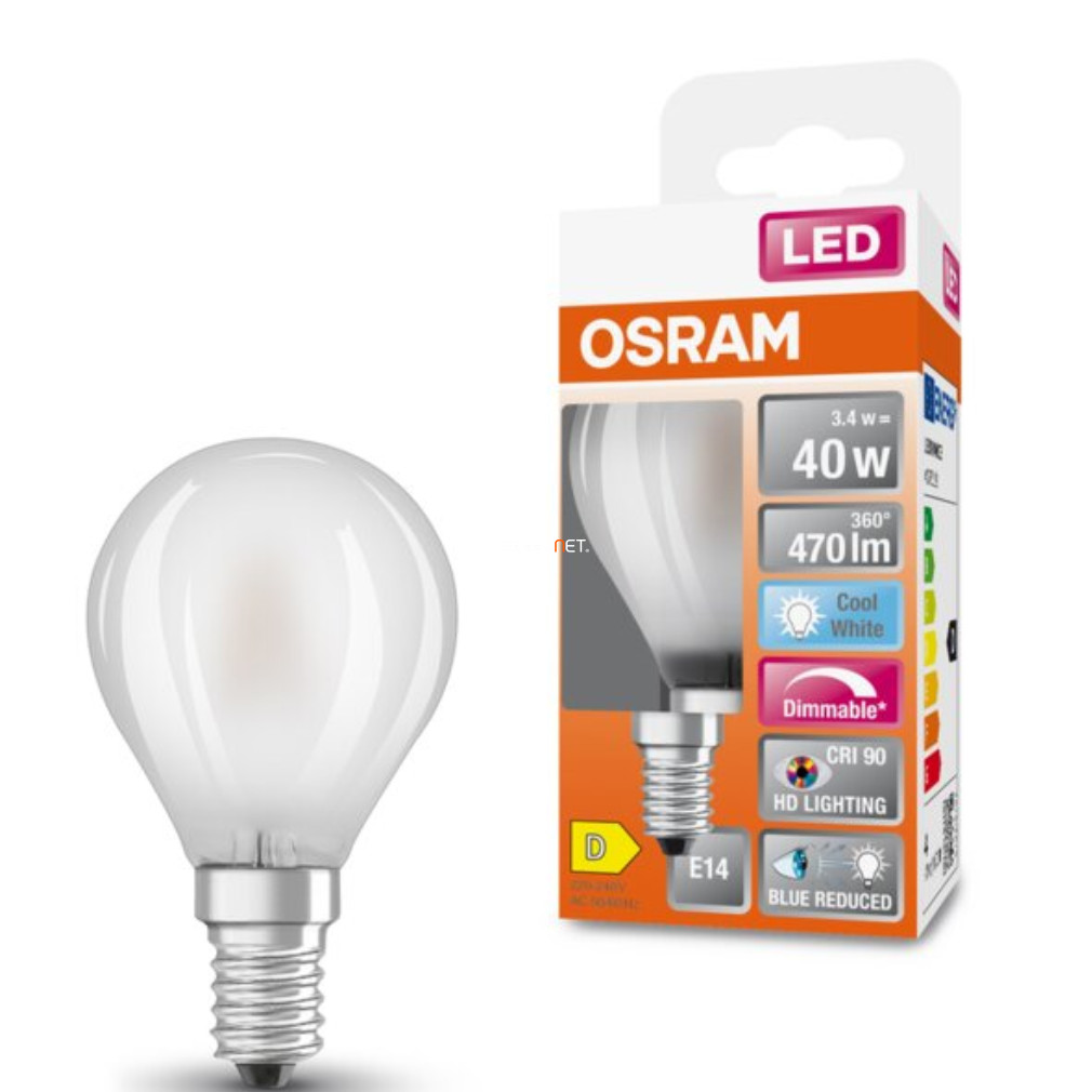 Osram E14 LED SStar+ kisgömb 3,4W 470lm 4000K hidegfehér, szabályozható 300° opál - 40W izzó helyett
