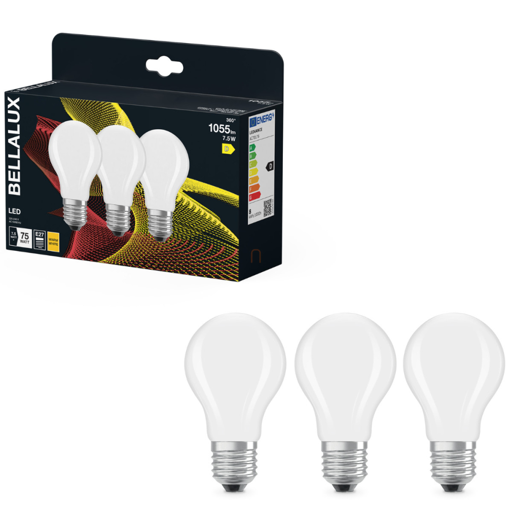 Bellalux E27 LED, 7,5W, 1055 lm, 2700 K, melegfehér, opál üveg-75 W normál izzó helyett, 3 darabos - Classic A 