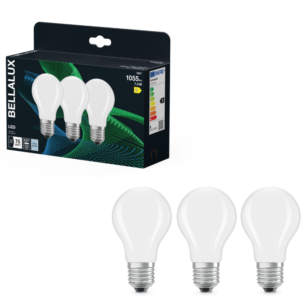 Bellalux E27 LED, 7,5W, 1055 lm, 4000 K, hidegfehér, opál üveg-75 W normál izzó helyett, 3 darabos - Classic A 