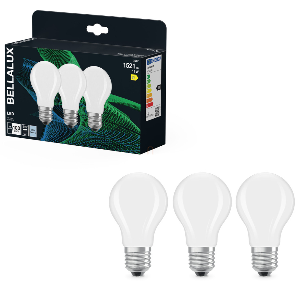Bellalux E27 LED, 11W, 1521 lm, 4000 K, hidegfehér, opál üveg-100 W normál izzó helyett, 3 darabos - Classic A 