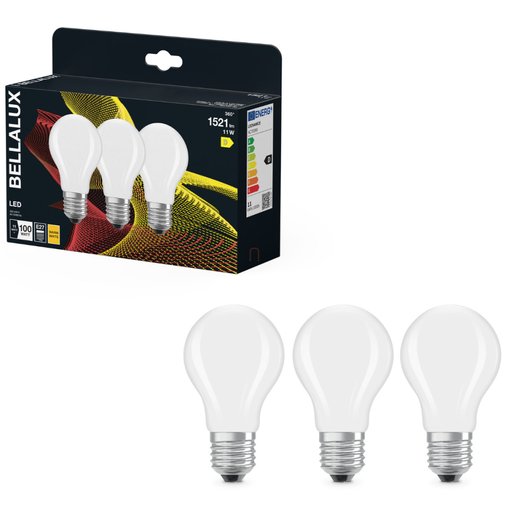 Bellalux E27 LED, 11W, 1521 lm, 2700 K, melegfehér, opál üveg-100 W normál izzó helyett, 3 darabos - Classic A 