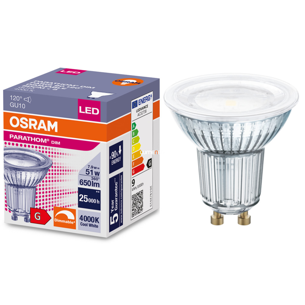 Osram GU10 LED Parathom 7,9W 650lm 4000K CRI90 szabályozható hidegfehér 120° - 51W izzó helyett