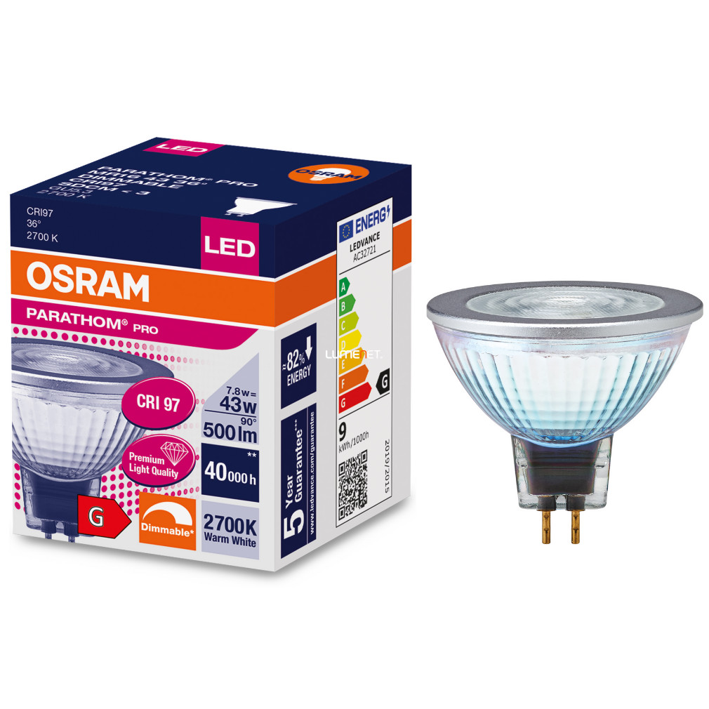 Osram GU5.3 LED Parathom 7,8W 500lm 2700K CRI97 melegfehér szabályozható 36° - 43W izzó helyett