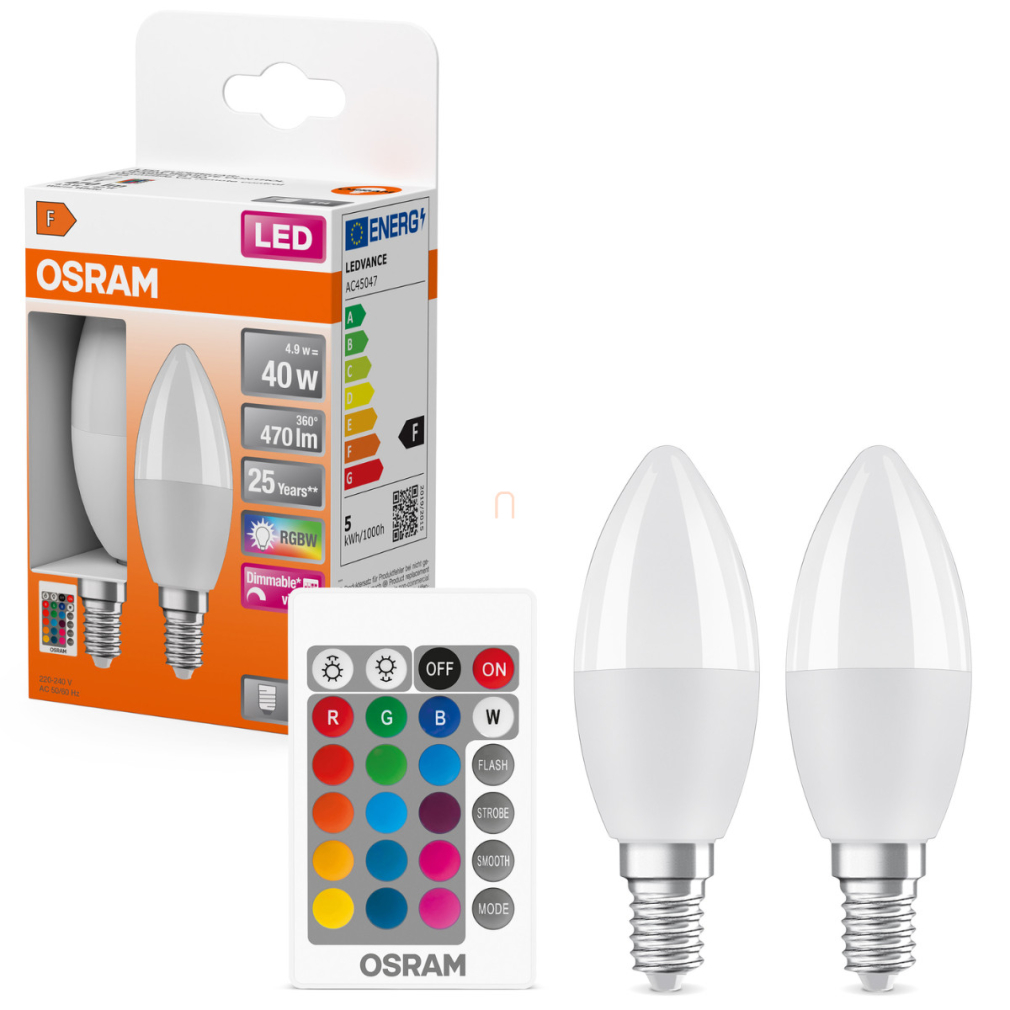 Osram E14 LED gyertya, 4,9W, 470 lm, 2700 K, melegfehér, dimmelhető, opál műanyag-40 W izzó helyett, 2 darabos - Superstar+ Classic B