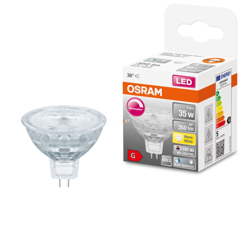 Osram GU5,3 12V LED SStar+ 5W 350lm 2700K melegfehér, szabályozható 36° - 35W izzó helyett