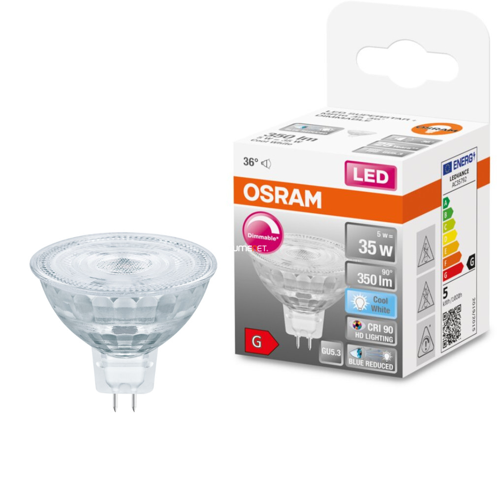 Osram GU5,3 12V LED SStar+ 5W 350lm 4000K hidegfehér, szabályozható 36° - 35W izzó helyett