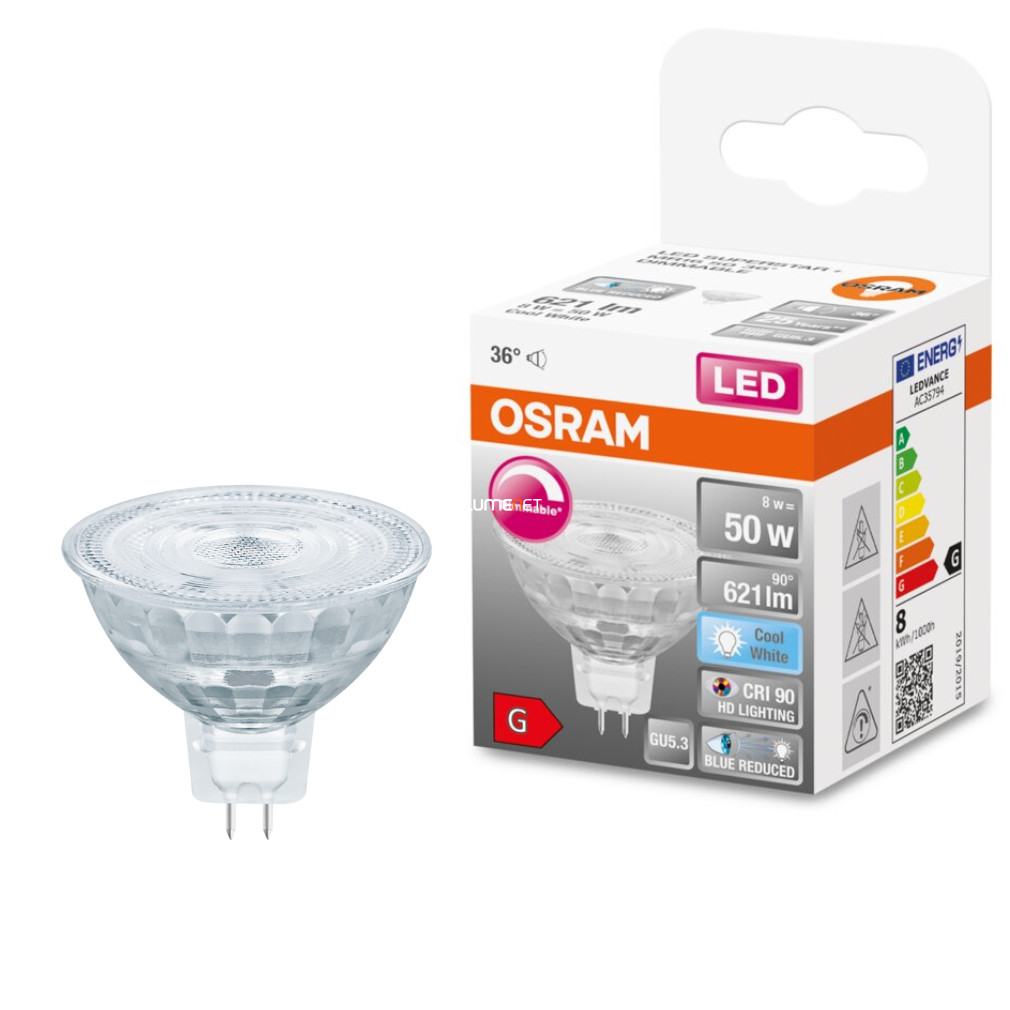 Osram GU5,3 12V LED SStar+ 8W 621lm 4000K hidegfehér, szabályozható 36° - 50W izzó helyett