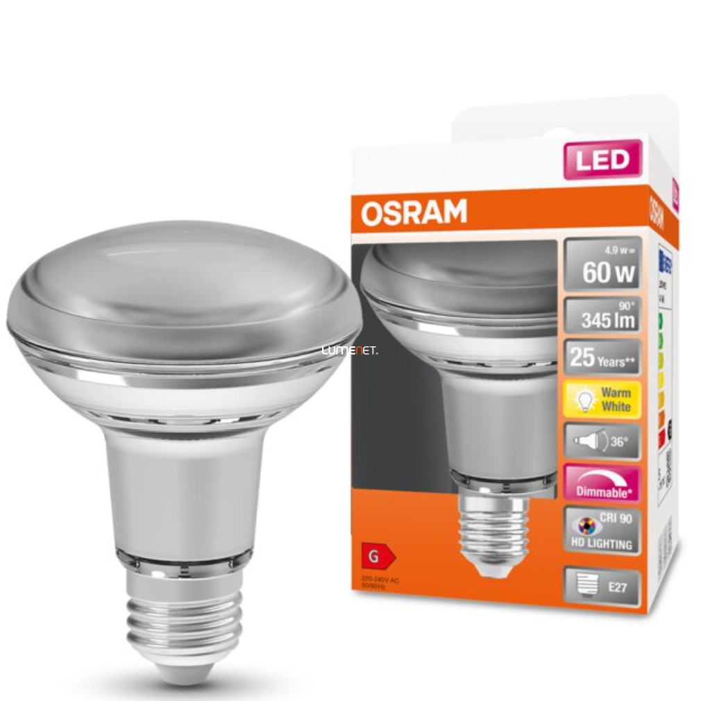 Osram E27 R80 LED SStar+ 4,8W 345lm 2700K melegfehér, szabályozható 36° - 60W izzó helyett