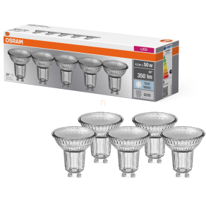   Osram GU10 LED 4,3W, 350 lm, 4000 K, hidegfehér, áttetsző üveg-50 W izzó helyett, 5 darabos - Base Spot PAR16