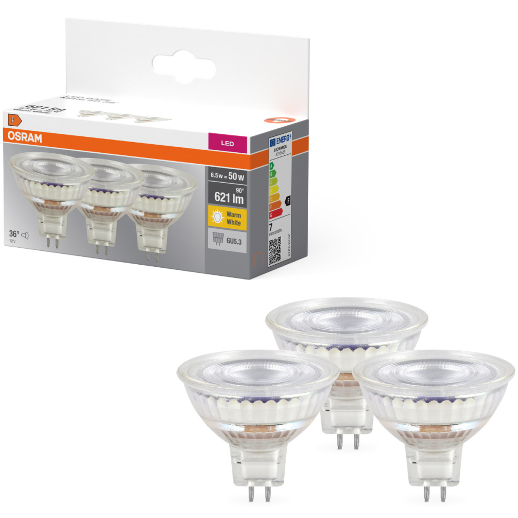 Osram GU5.3 LED 6,5W, 621 lm, 2700 K, melegfehér, áttetsző üveg-50 W izzó helyett, 3 darabos - Base Spot MR16