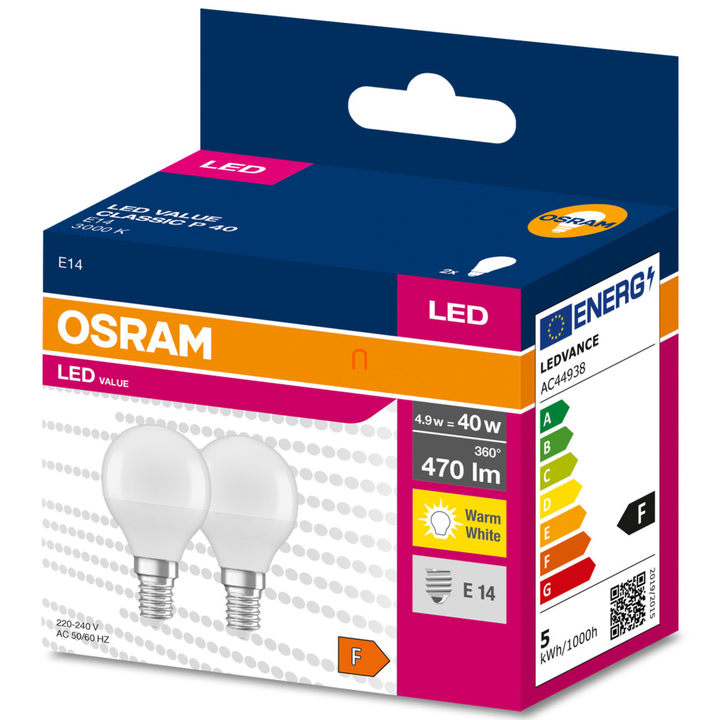 Osram E27 LED Value Classic kisgömb 4,9W, 470 lm, 3000 K, 40 W izzó helyett (2 darabos)