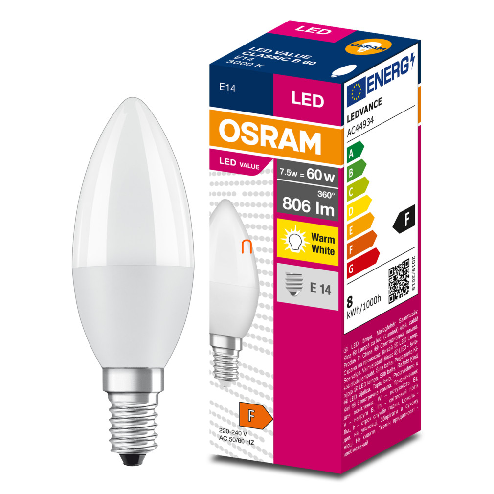 Osram E14 LED Value Classic gyertya fényforrás 4,9W, 806 lm, 3000 K, 60 W izzó helyett