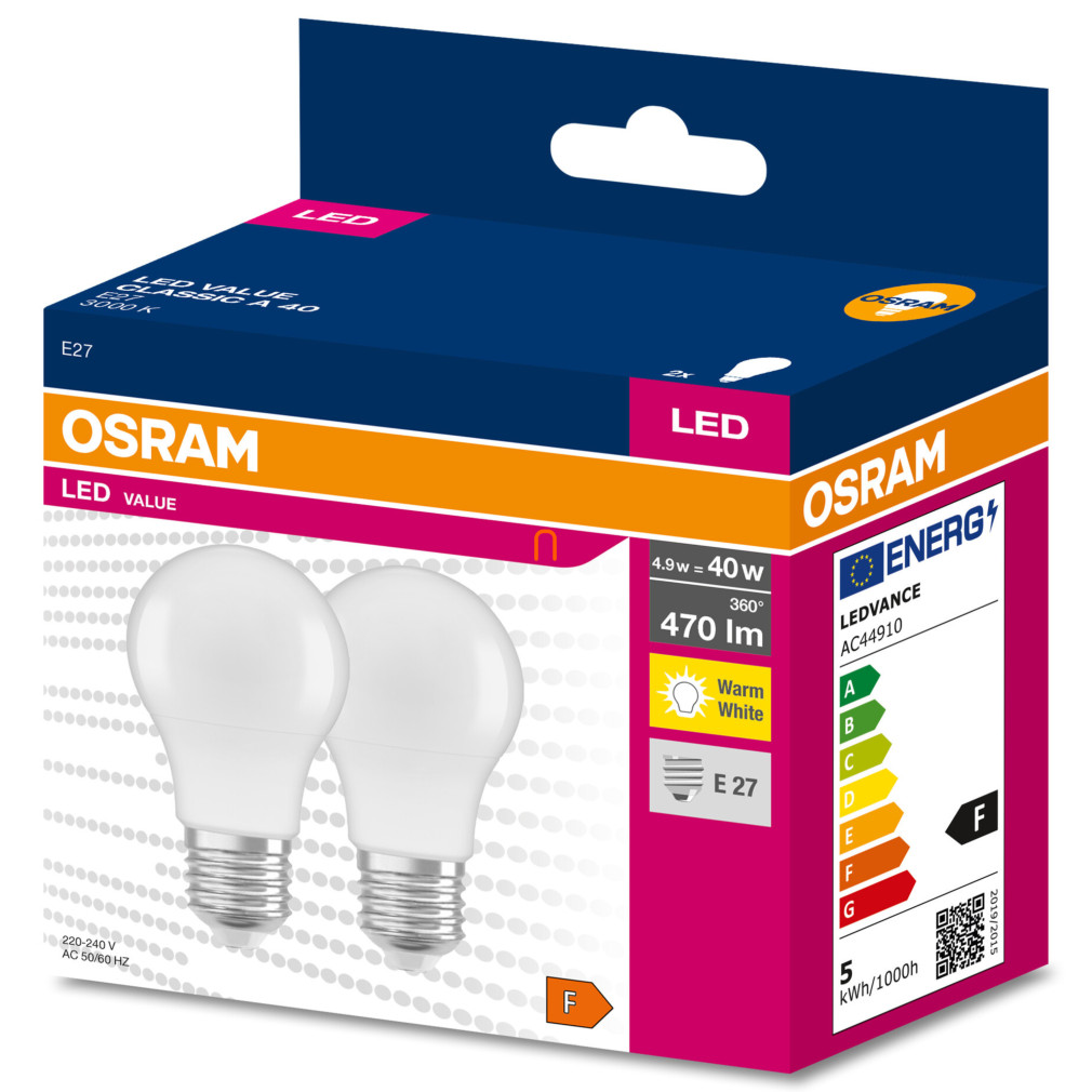 Osram E27 LED Value Classic 4,9W, 470 lm, 3000 K, 40 W izzó helyett (2 darabos)