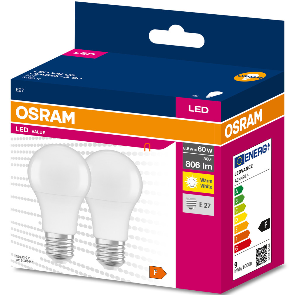 Osram E27 LED Value Classic 8,5W, 806 lm, 3000 K, 60 W izzó helyett (2 darabos)