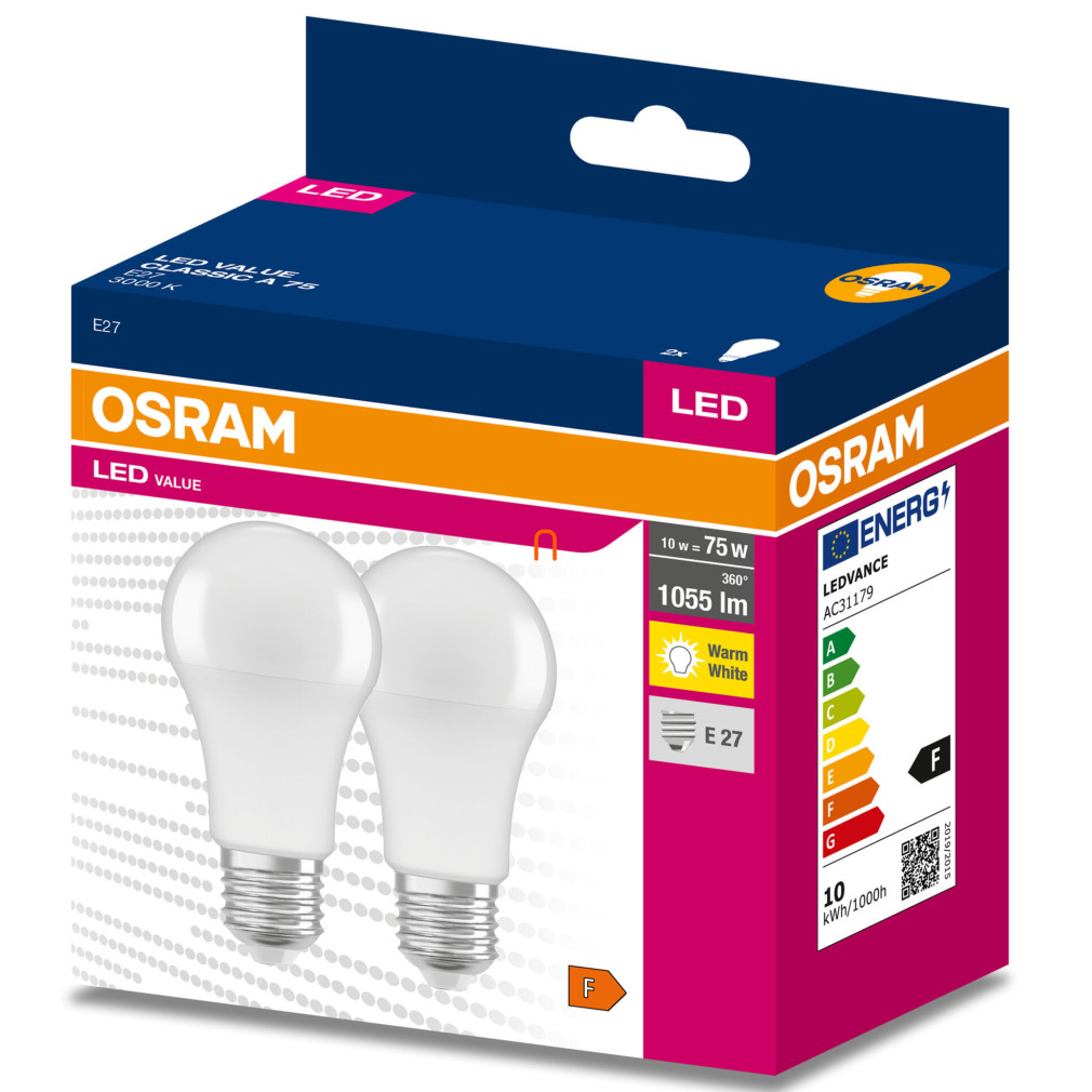 Osram E27 LED Value Classic 10W, 1055 lm, 3000 K, 75 W izzó helyett (2 darabos)