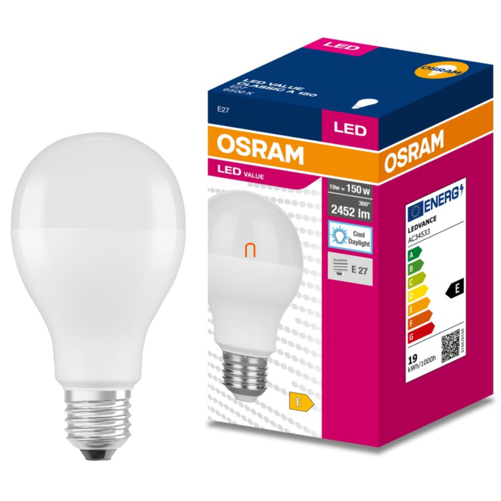 Osram E27 LED Value Classic 19W, 2452 lm, 6500 K, 150 W izzó helyett