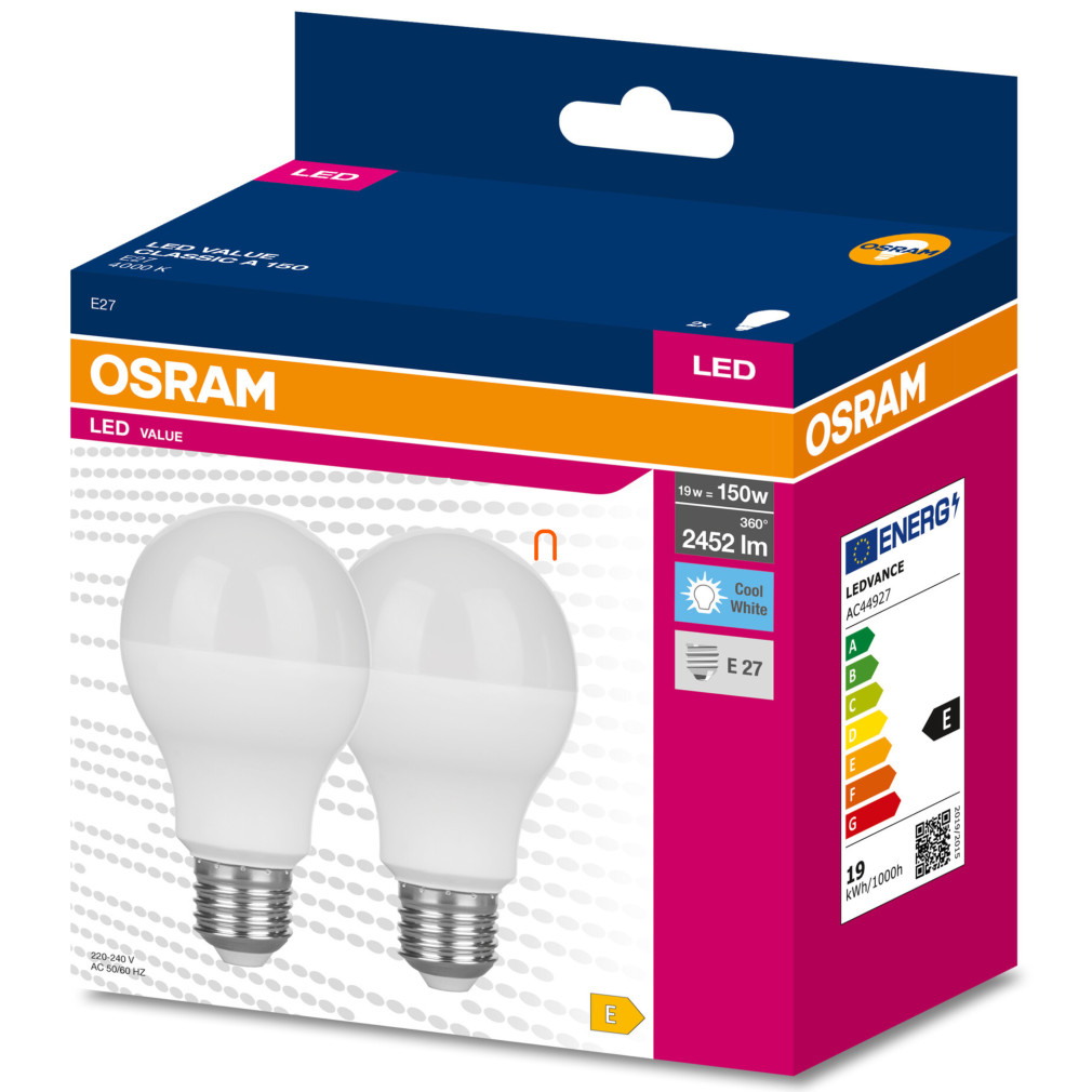 Osram E27 LED Value Classic 19W, 2452 lm, 4000 K, 150 W izzó helyett (2 darabos)