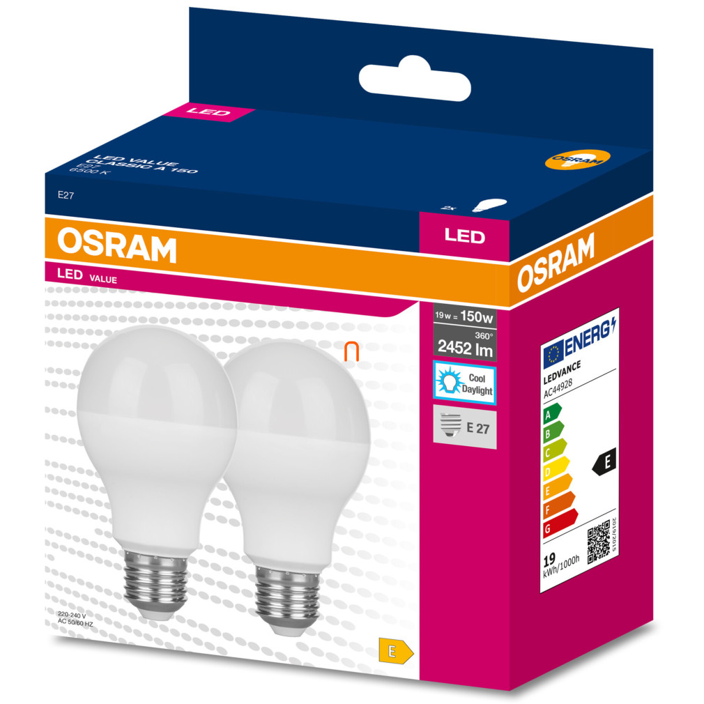 Osram E27 LED Value Classic 19W, 2452 lm, 6500 K, 150 W izzó helyett (2 darabos)