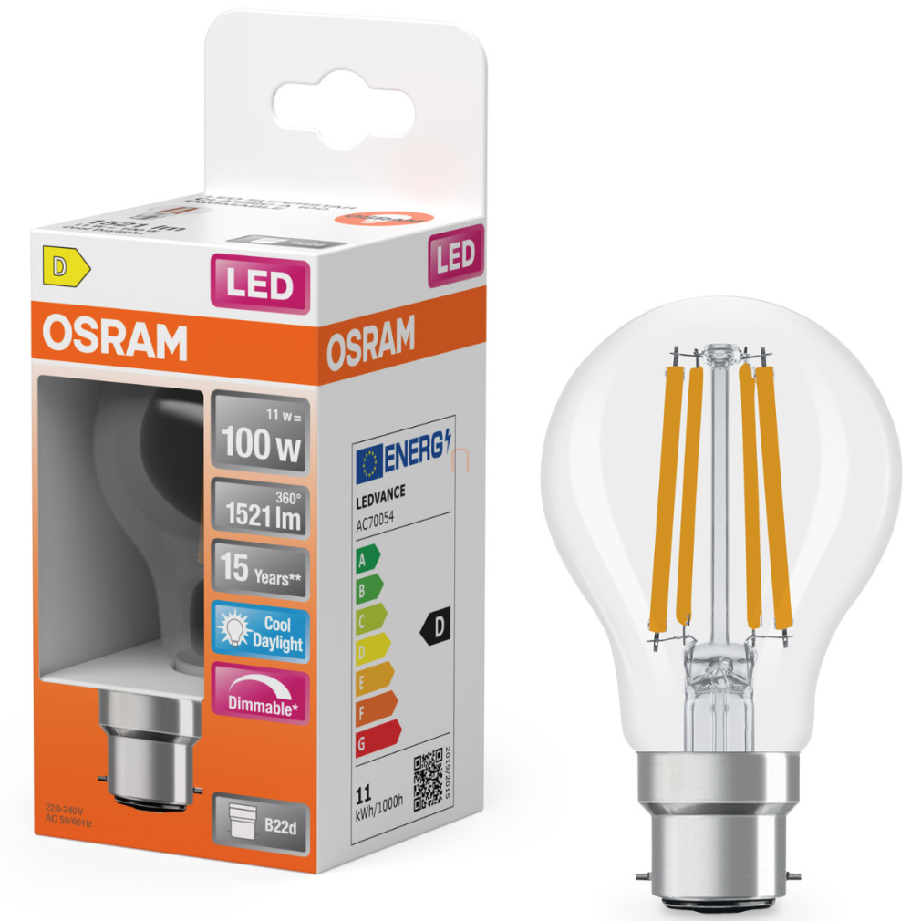 Osram B22d LED 11W, 1521 lm, 6500 K, daylight, dimmelhető, áttetsző üveg-100 W izzó helyett - SuperStar Classic A filament