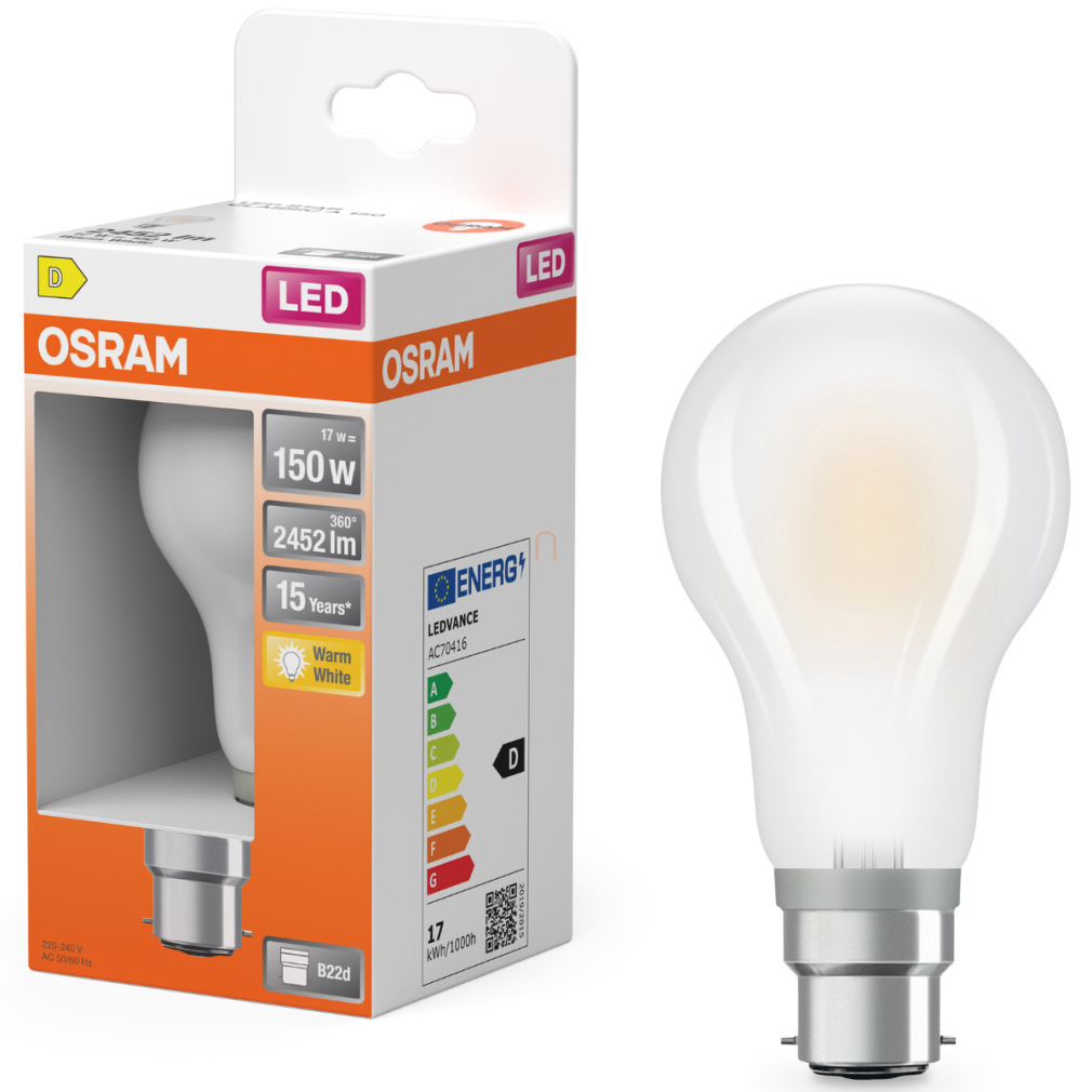 Osram B22d LED 17W, 2452 lm, 2700 K, melegfehér, opál üveg-150 W izzó helyett - Star Classic A