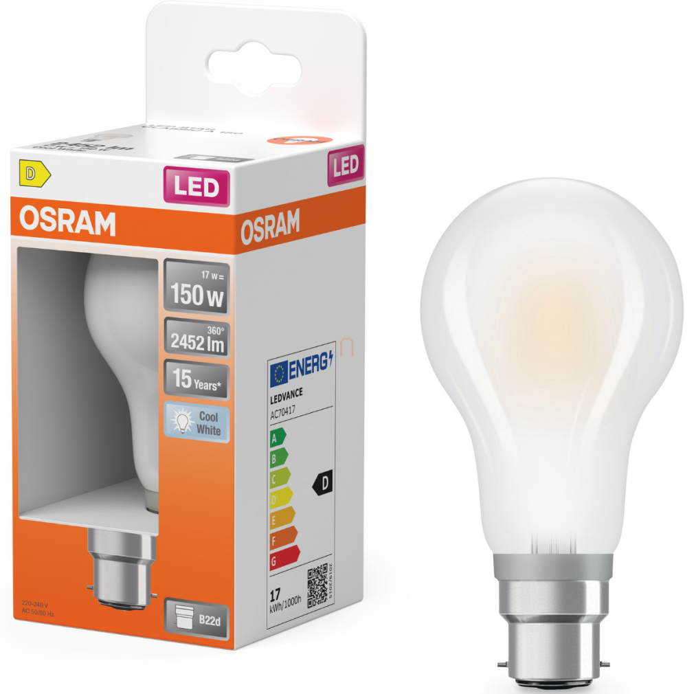 Osram B22d LED 17W, 2452 lm, 4000 K, hidegfehér, opál üveg-150 W izzó helyett - Star Classic A