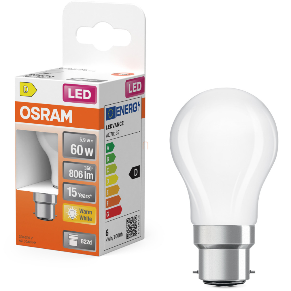 Osram B22d LED 5,9W, 806 lm, 2700 K, melegfehér, opál üveg-60 W izzó helyett - Superstar Classic P