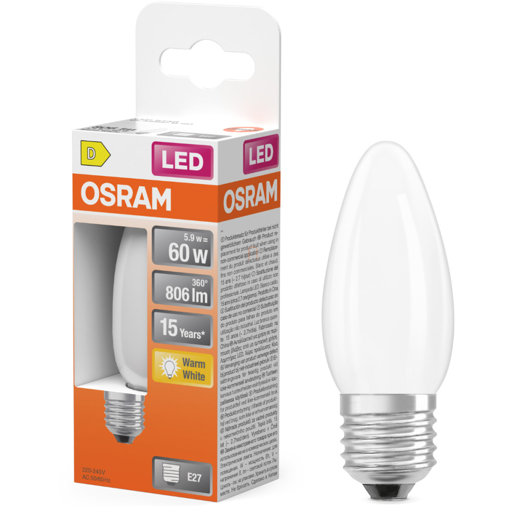 Osram E27 LED gyertya, 5,9W, 806 lm, 2700 K, melegfehér, opál üveg-60 W izzó helyett - Star Classic B