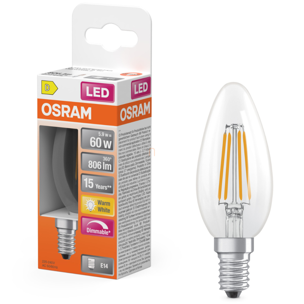 Osram E14 LED gyertya, 5,9W, 806 lm, 2700 K, melegfehér, dimmelhető, áttetsző üveg-60 W izzó helyett - Superstar Classic B filament