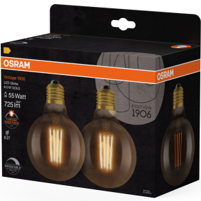   Osram E27 LED 6,5W, 725 lm, 2400 K, candlelight, dimmelhető, arany színű színű üveg-52 W izzó helyett, 2 darabos - Vintage 1906 DIM Classic Globe95 Gold filament