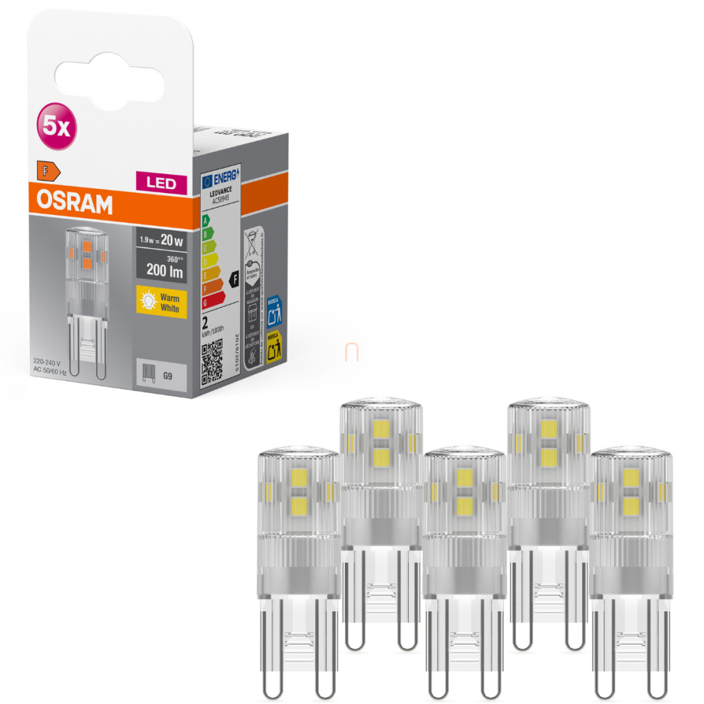 Osram G9 LED 1,9W, 200 lm, 2700 K, melegfehér, alumínium, műanyag-20 W izzó helyett, 5 darabos - Base Special Pin Clear