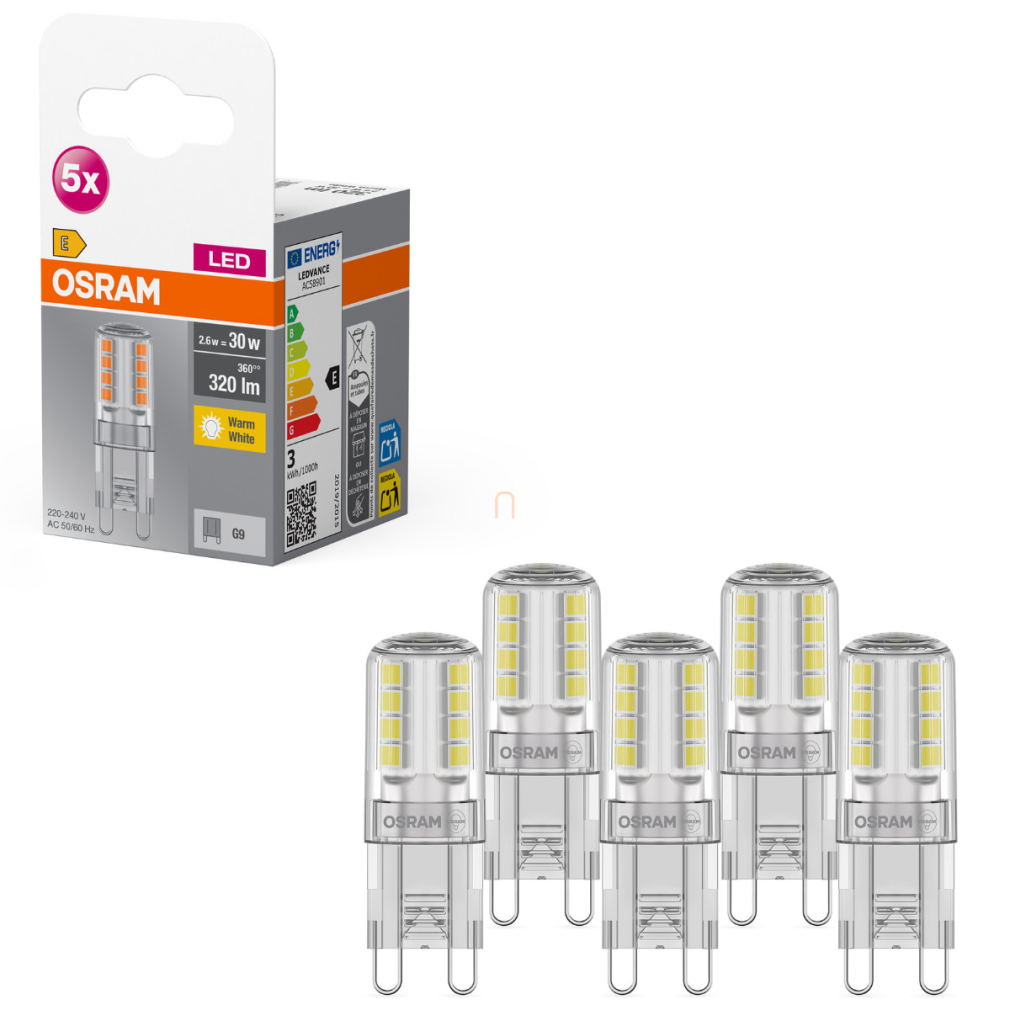 Osram G9 LED 2,6W, 320 lm, 2700 K, melegfehér, alumínium, műanyag-30 W izzó helyett, 5 darabos - Base Special Pin Clear