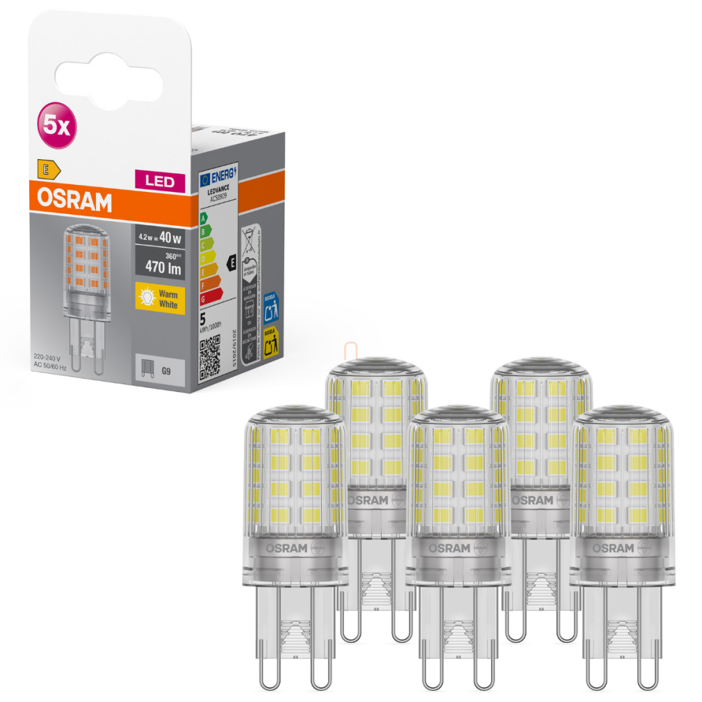Osram G9 LED 4,2W, 470 lm, 2700 K, melegfehér, alumínium, műanyag-40 W izzó helyett, 5 darabos - Base Special Pin Clear