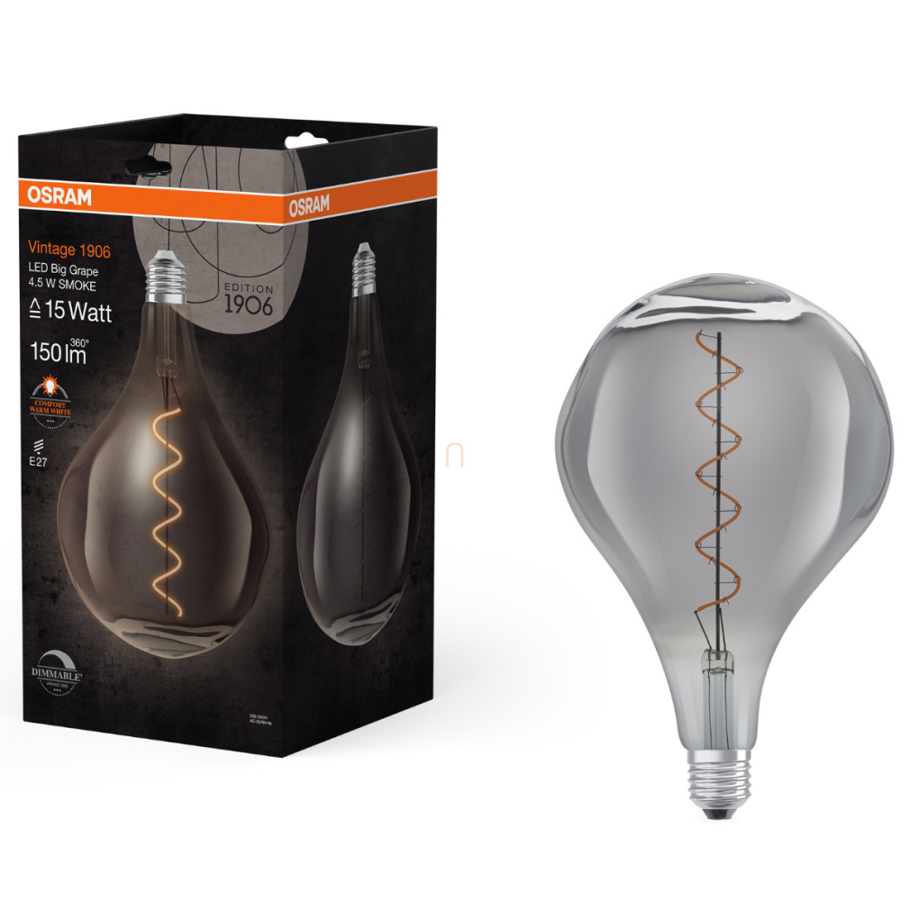 Osram E27 LED 4,5W, 150 lm, 1700 K, candlelight, dimmelhető, füstszínű üveg-15 W izzó helyett - Vintage 1906 DIM Classic A Smoke filament