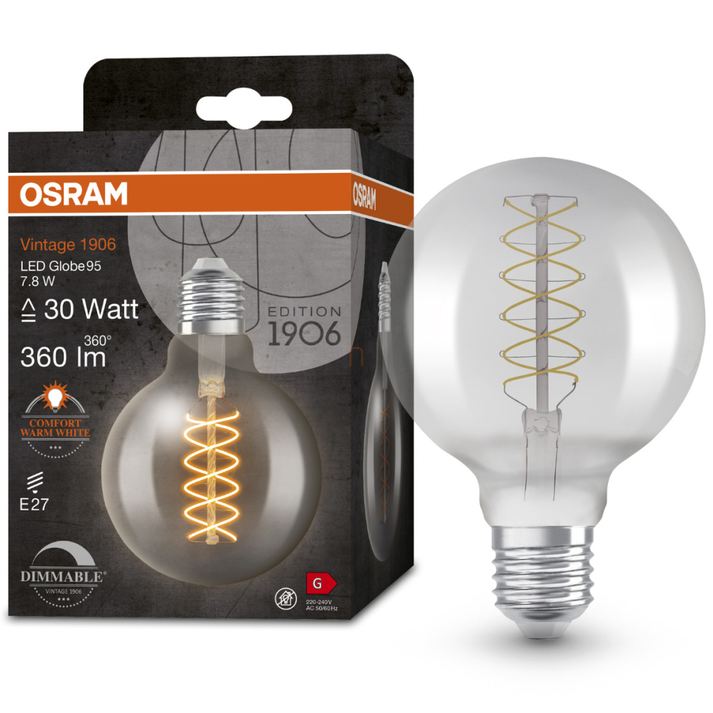 Osram E27 LED 7,8W, 360 lm, 1800 K, candlelight, dimmelhető, füstszínű üveg-30 W izzó helyett - Vintage 1906 DIM Classic Globe95 Smoke filament