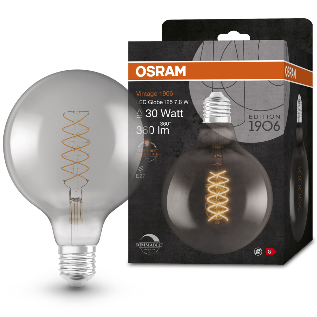 Osram E27 LED 7,8W, 360 lm, 1800 K, candlelight, dimmelhető, füstszínű üveg-30 W izzó helyett - Vintage 1906 DIM Classic Globe125 Smoke filament