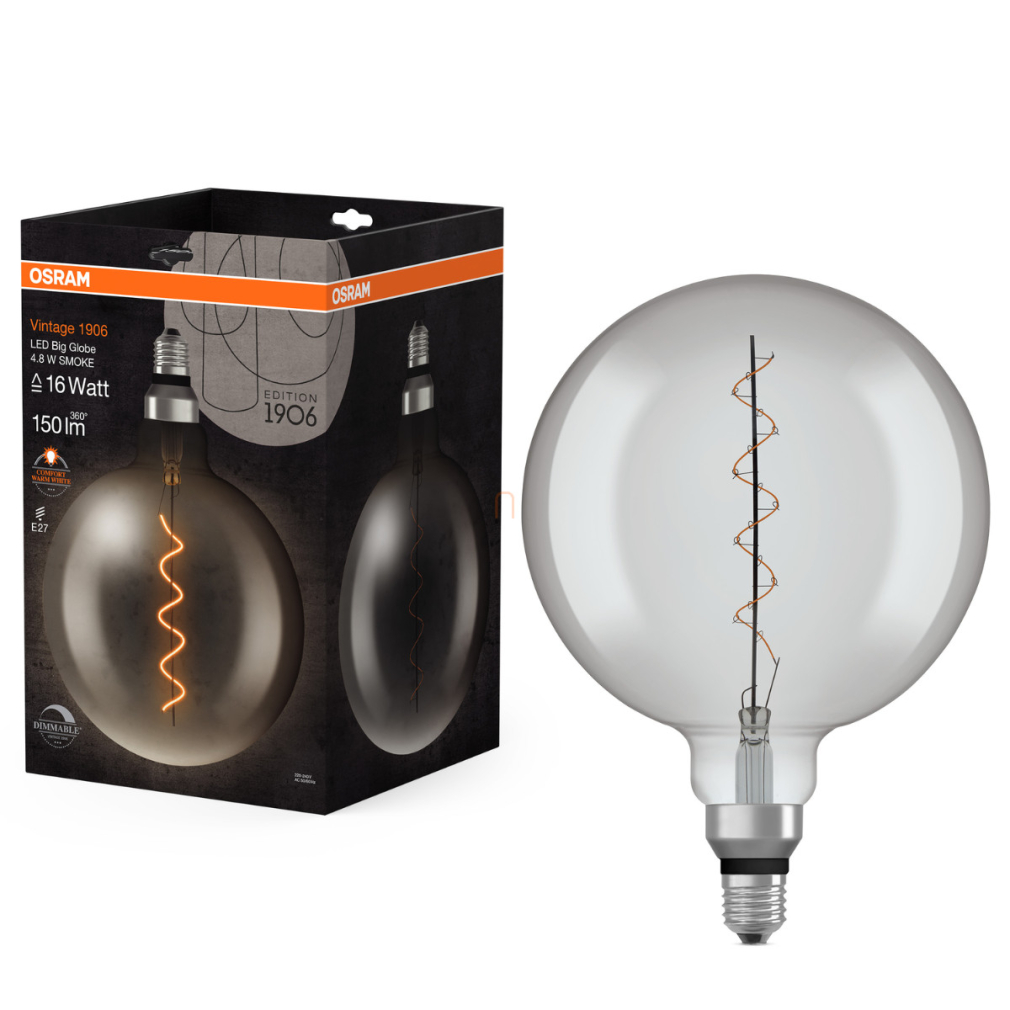 Osram E27 LED 4,8W, 150 lm, 1800 K, candlelight, dimmelhető, füstszínű üveg-15 W izzó helyett - Vintage 1906 DIM Classic Globe Smoke filament