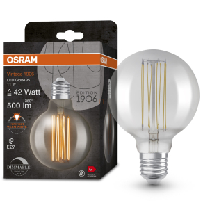   Osram E27 LED 11W, 500 lm, 1800 K, candlelight, dimmelhető, füstszínű üveg-40 W izzó helyett - Vintage 1906 DIM Classic Globe95 Smoke filament