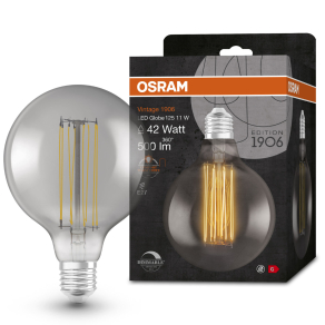   Osram E27 LED 11W, 500 lm, 1800 K, candlelight, dimmelhető, füstszínű üveg-40 W izzó helyett - Vintage 1906 DIM Classic Globe125 Smoke filament