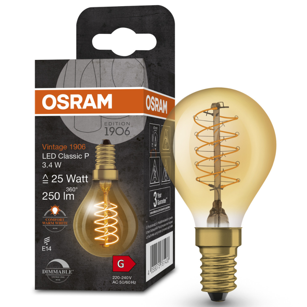 Osram E14 LED kisgömb, 3,4W, 250 lm, 2200 K, candlelight, dimmelhető, arany színű színű üveg-25 W izzó helyett - Vintage 1906 DIM Classic P Gold filament