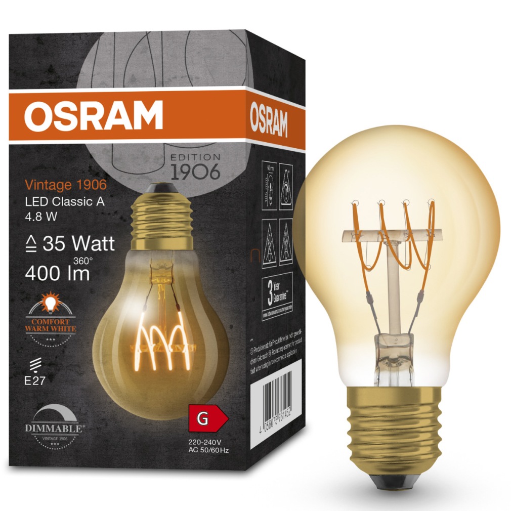 Osram E27 LED 4,8W, 400 lm, 2200 K, candlelight, dimmelhető, arany színű színű üveg-35 W izzó helyett - Vintage 1906 DIM Classic A Gold filament