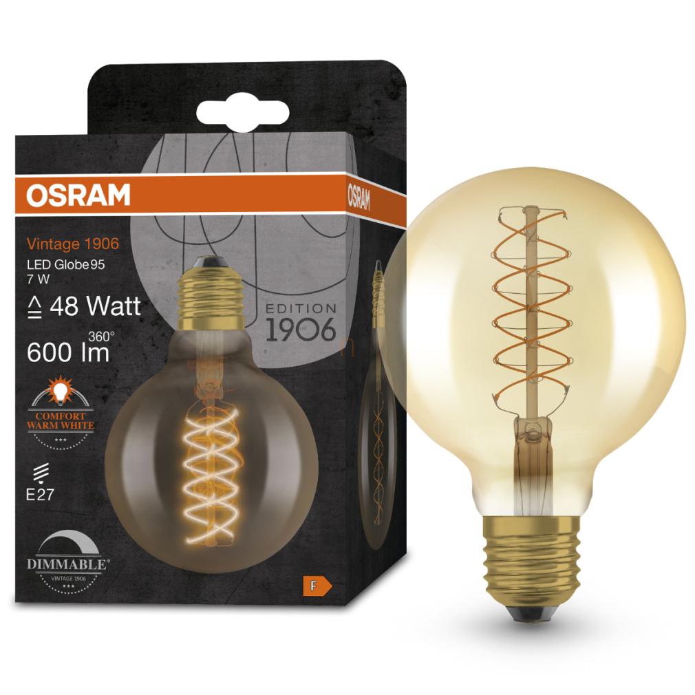 Osram E27 LED 7W, 600 lm, 2200 K, candlelight, dimmelhető, arany színű színű üveg-50 W izzó helyett - Vintage 1906 DIM Classic Globe95 Gold filament