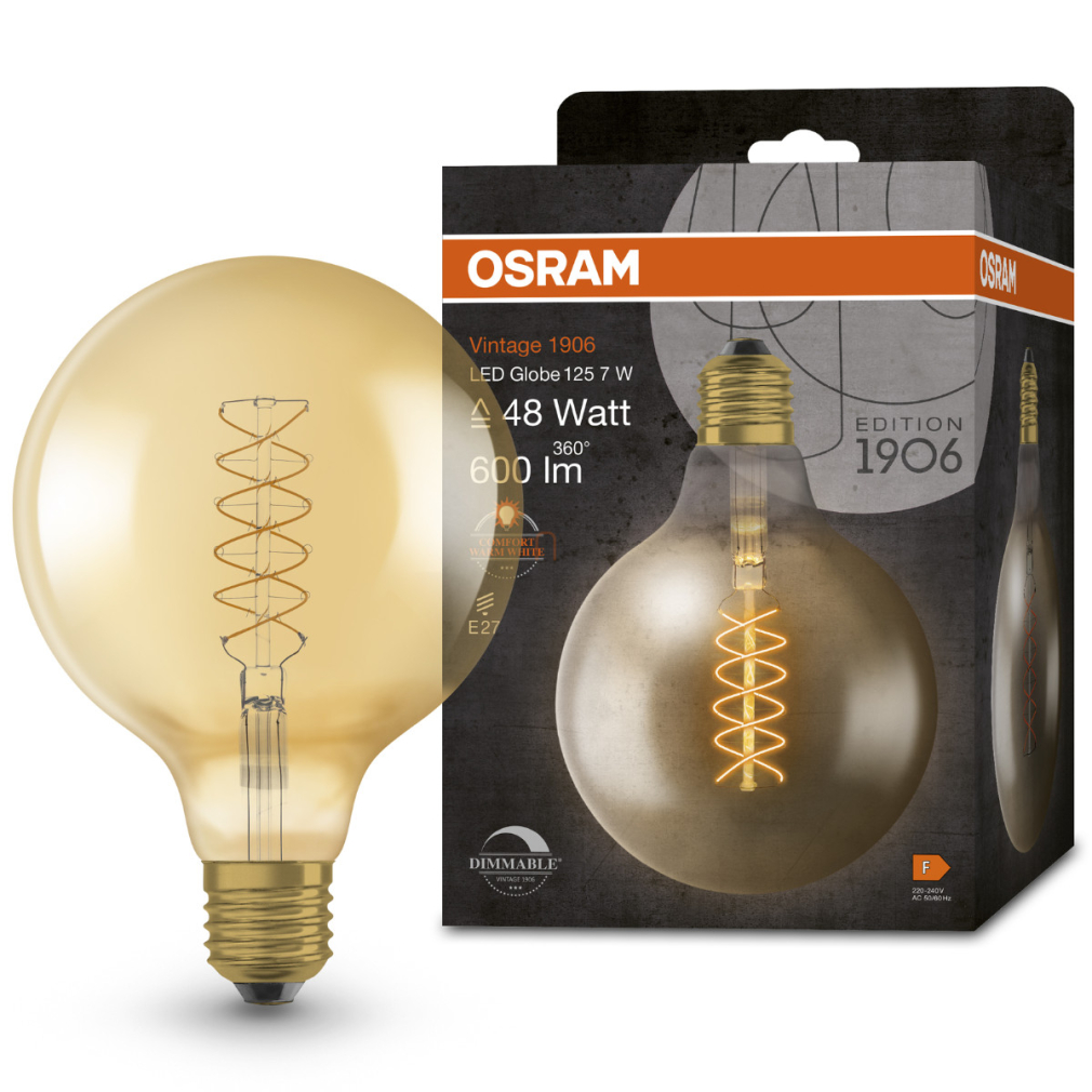 Osram E27 LED 7W, 600 lm, 2200 K, candlelight, dimmelhető, arany színű színű üveg-50 W izzó helyett - Vintage 1906 DIM Classic Globe125 Gold filament