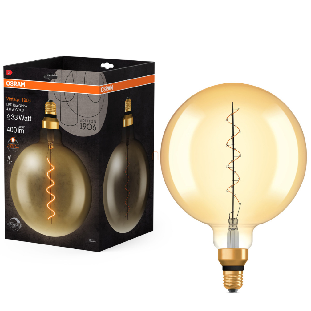 Osram E27 LED 4,8W, 400 lm, 2200 K, candlelight, dimmelhető, arany színű színű üveg-30 W izzó helyett - Vintage 1906 DIM Classic Globe Gold filament