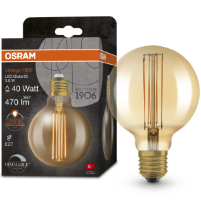   Osram E27 LED 5,8W, 470 lm, 2200 K, candlelight, dimmelhető, arany színű színű üveg-40 W izzó helyett - Vintage 1906 DIM Classic Globe95 Gold filament