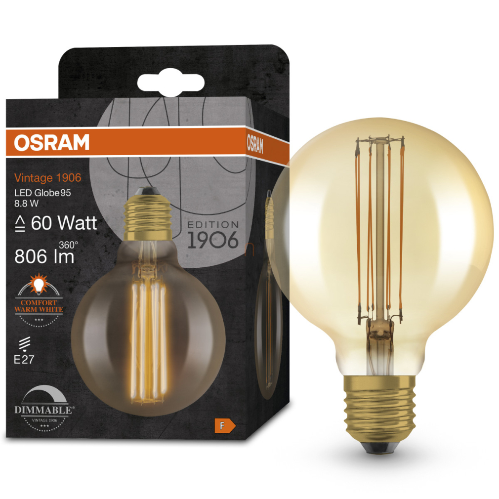 Osram E27 LED 8,8W, 806 lm, 2200 K, candlelight, dimmelhető, arany színű színű üveg-60 W izzó helyett - Vintage 1906 DIM Classic Globe95 Gold filament