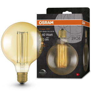   Osram E27 LED 5,8W, 470 lm, 2200 K, candlelight, dimmelhető, arany színű színű üveg-40 W izzó helyett - Vintage 1906 DIM Classic Globe125 Gold filament