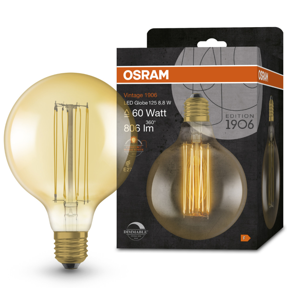 Osram E27 LED 8,8W, 806 lm, 2200 K, candlelight, dimmelhető, arany színű színű üveg-60 W izzó helyett - Vintage 1906 DIM Classic Globe125 Gold filament
