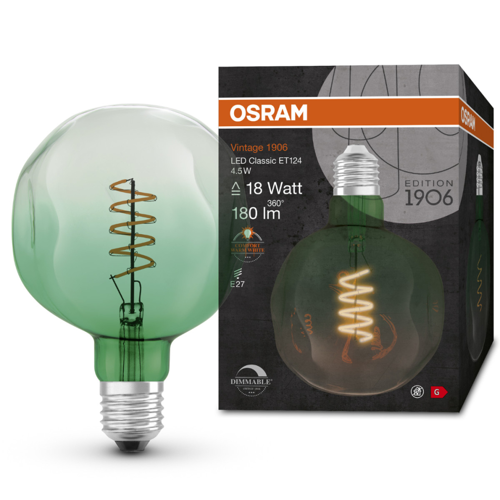 Osram E27 LED 4,5W, 180 lm, 1600 K, candlelight, dimmelhető, zöld üveg-15 W izzó helyett - Vintage 1906 DIM Classic ET124 Geen 18 DIM filament